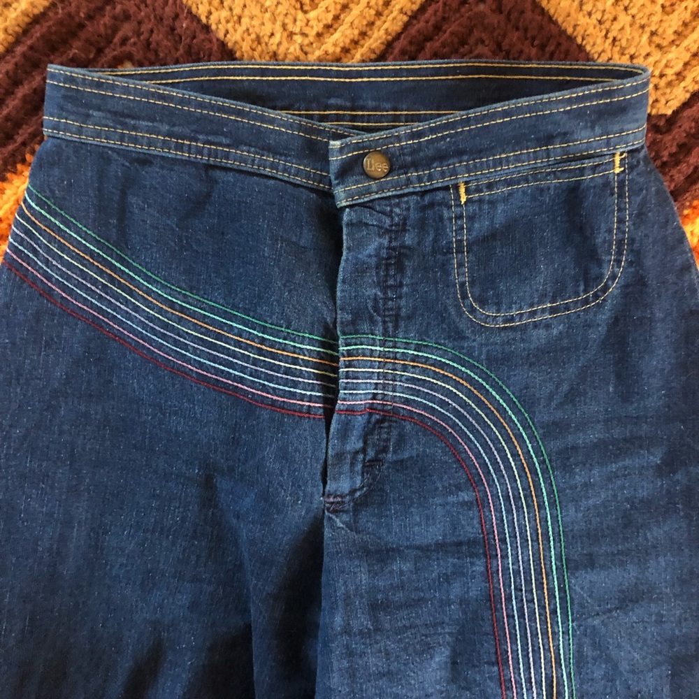 Rare 70s Vintage Lee High Rise Wide Leg Retro Rainbow Jeans
